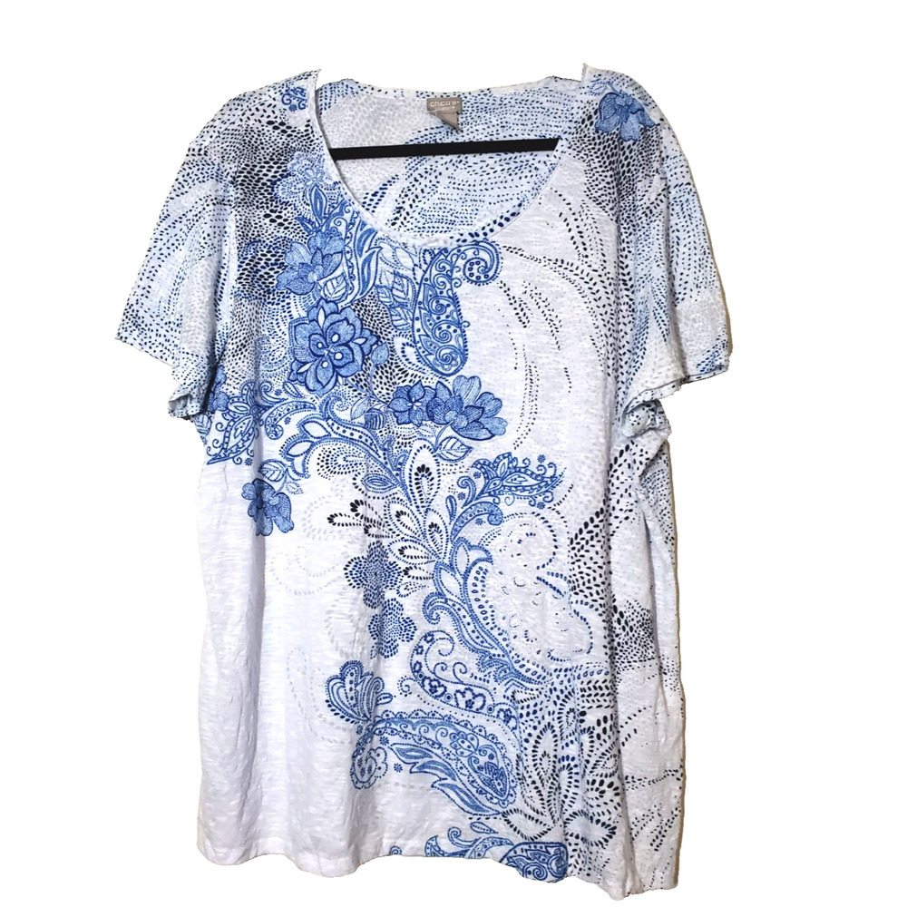Chico's 3 Womens 16-18 White Top Short Sleeve Blue White Printed Scoopneck Tee